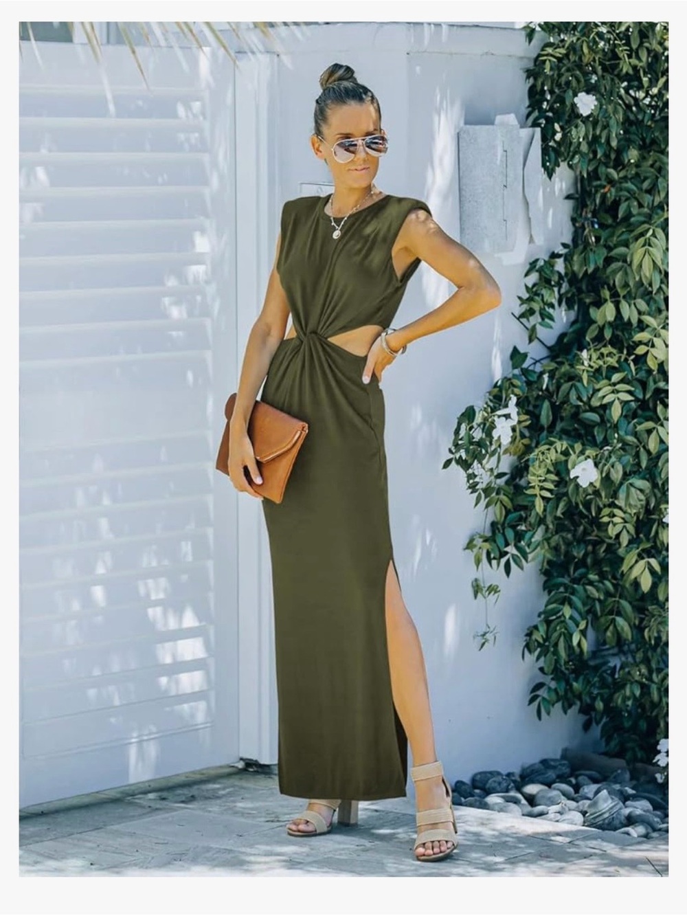 Olive Green Maxi Dress Twist Front Cutout Side Slit